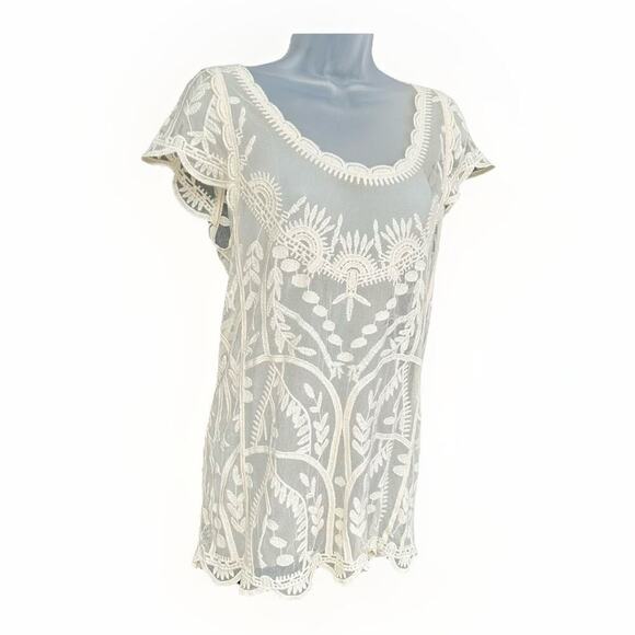 Capri Tops - Capri Clothing Brand Ivory Womens Small Lace Round-Neck Boho Sheer Blouse Whimsy